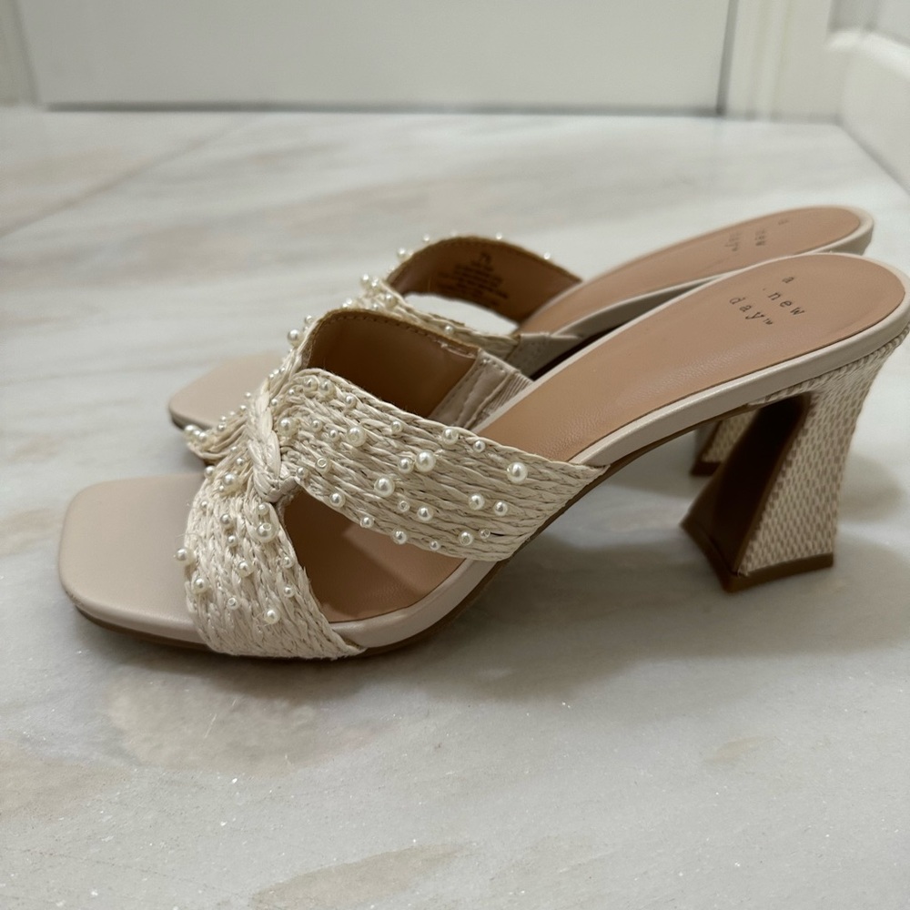 White mules with pearls/Tia heels/ A New Day